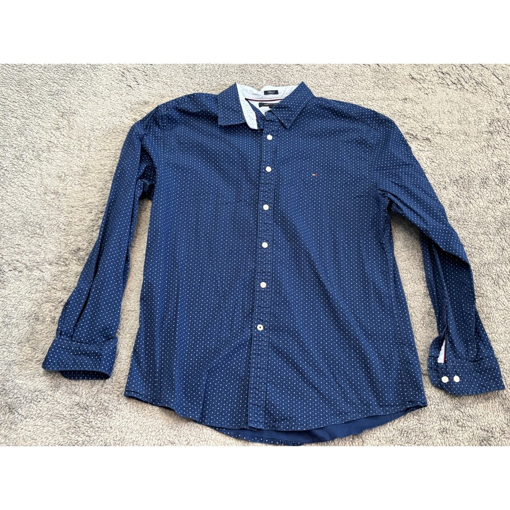 Tommy Hilfiger Shirt Mens XL Blue Geometric Pattern Stretch Long Sleeve Button